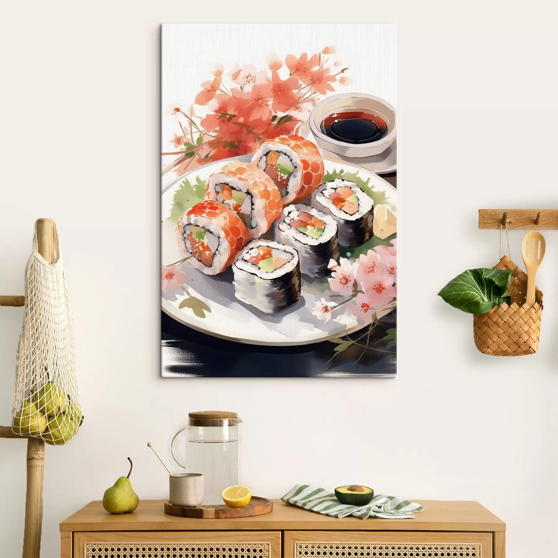  Schilderijen Sushi op het bord, aquarel, bloemig, Japans s41179