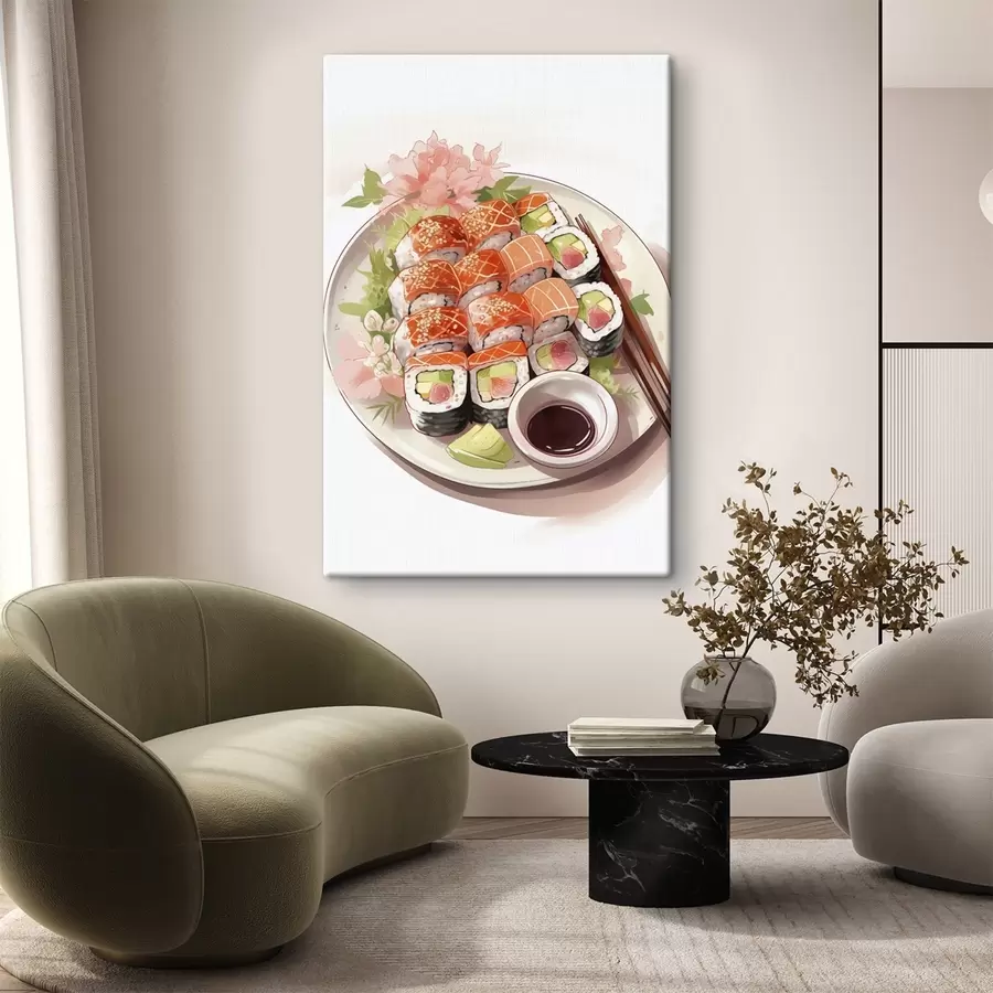  Peintures Aquarelle assiette de sushi, saumon, délicieux s41180