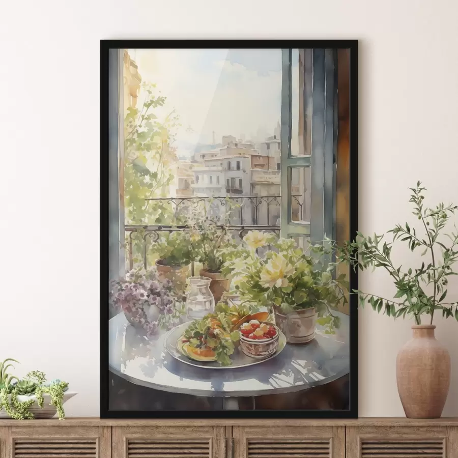 Fotobehang Romantisch diner met uitzicht op de stad, aquarel, bloemen f41168
