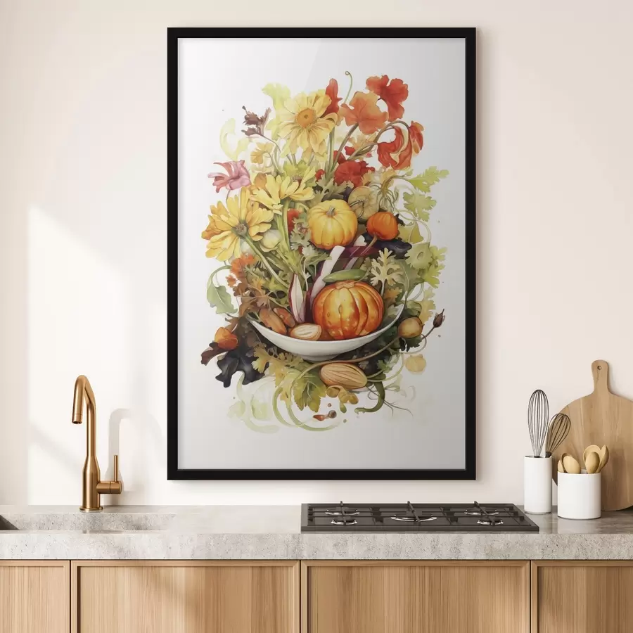 Fotobehang Herfstoogst, aquarel groenten, pompoenen, bloemen f41172