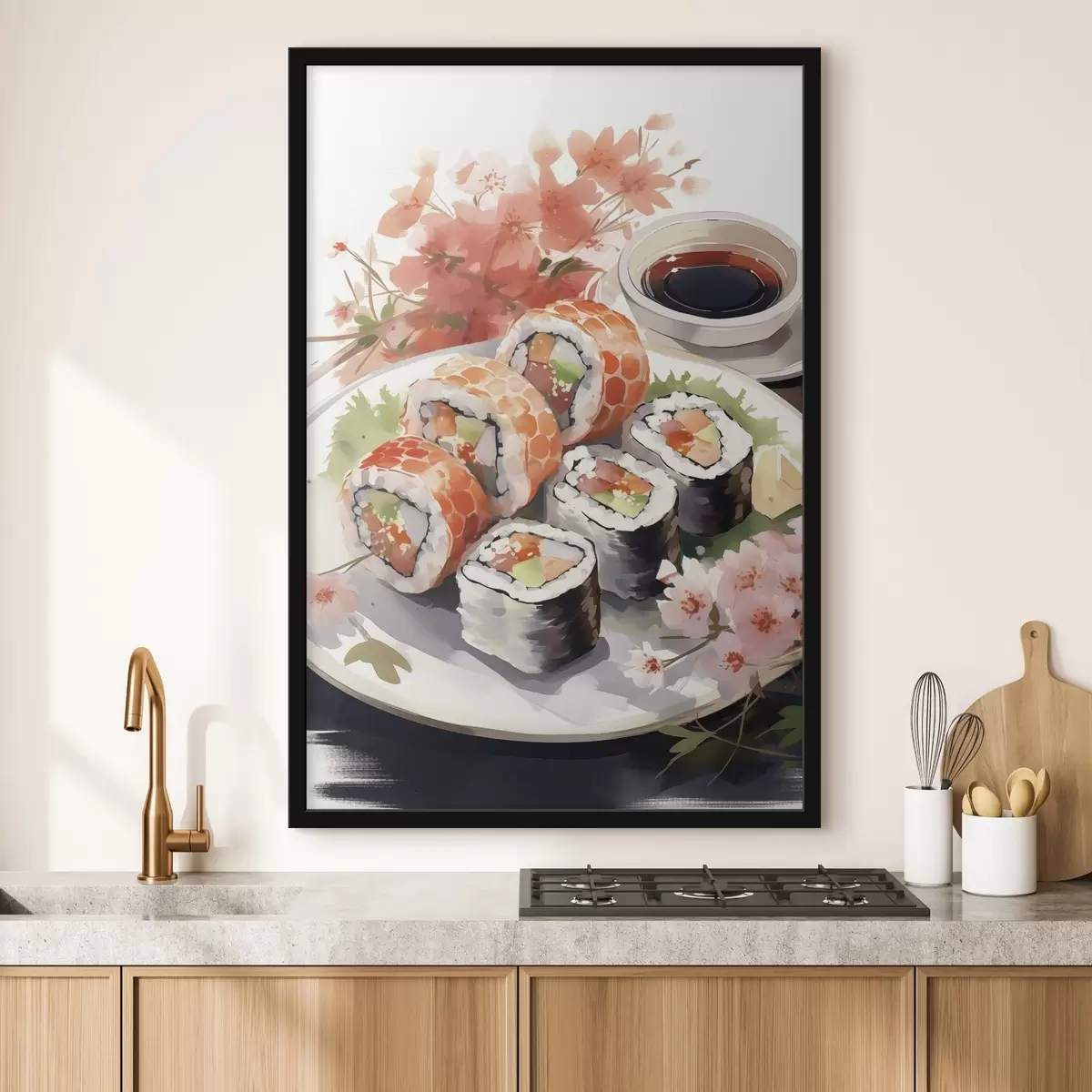 Poster Sushi op het bord, aquarel, bloemig, Japans f41179