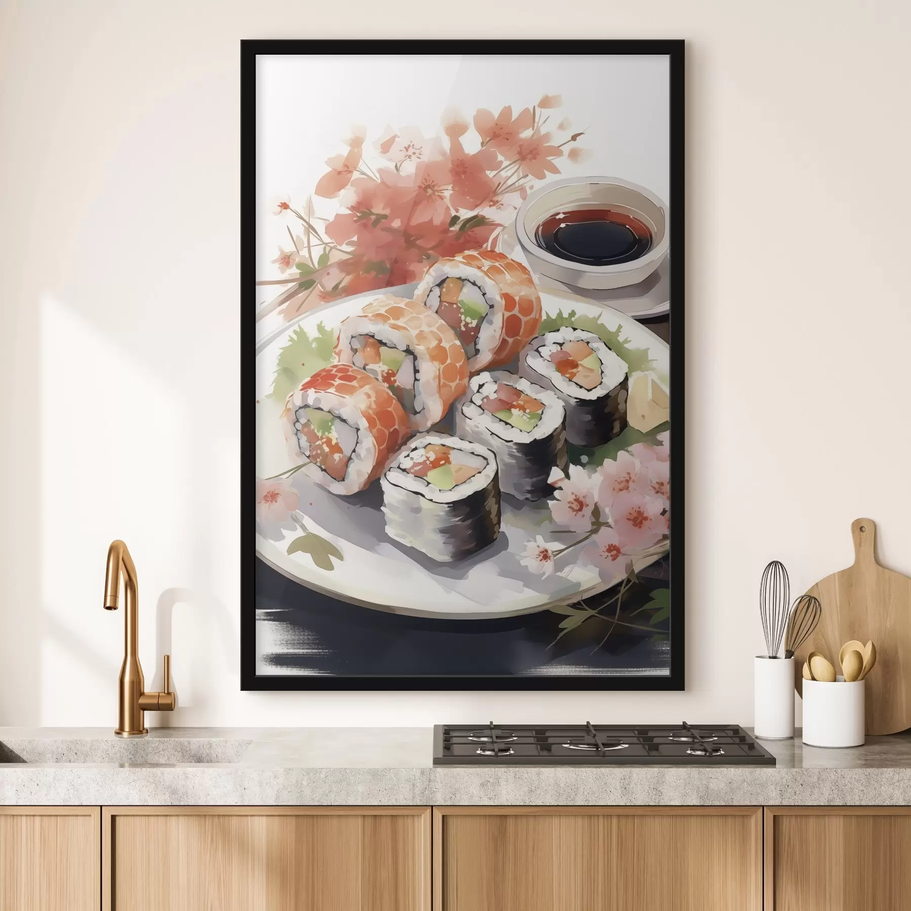 Fotobehang Sushi op het bord, aquarel, bloemig, Japans f41179