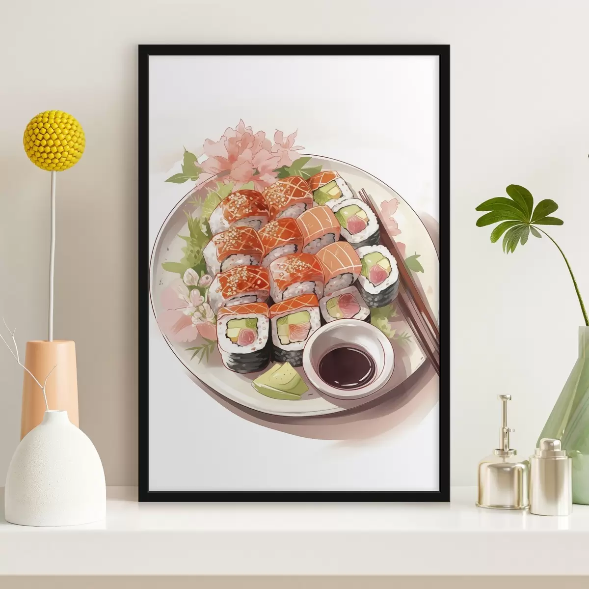 Affiche Aquarelle assiette de sushi, saumon, délicieux f41180