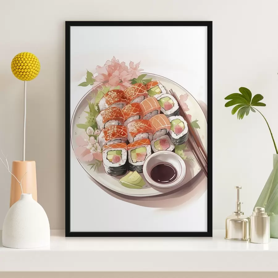 Fotobehang Aquarel bord met sushi, zalm, heerlijk f41180