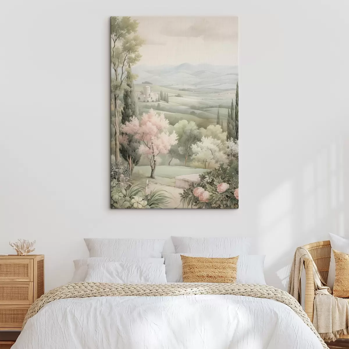  Peintures Aquarelle nature, couleurs douces, roses, arbres, collines vertes s41223