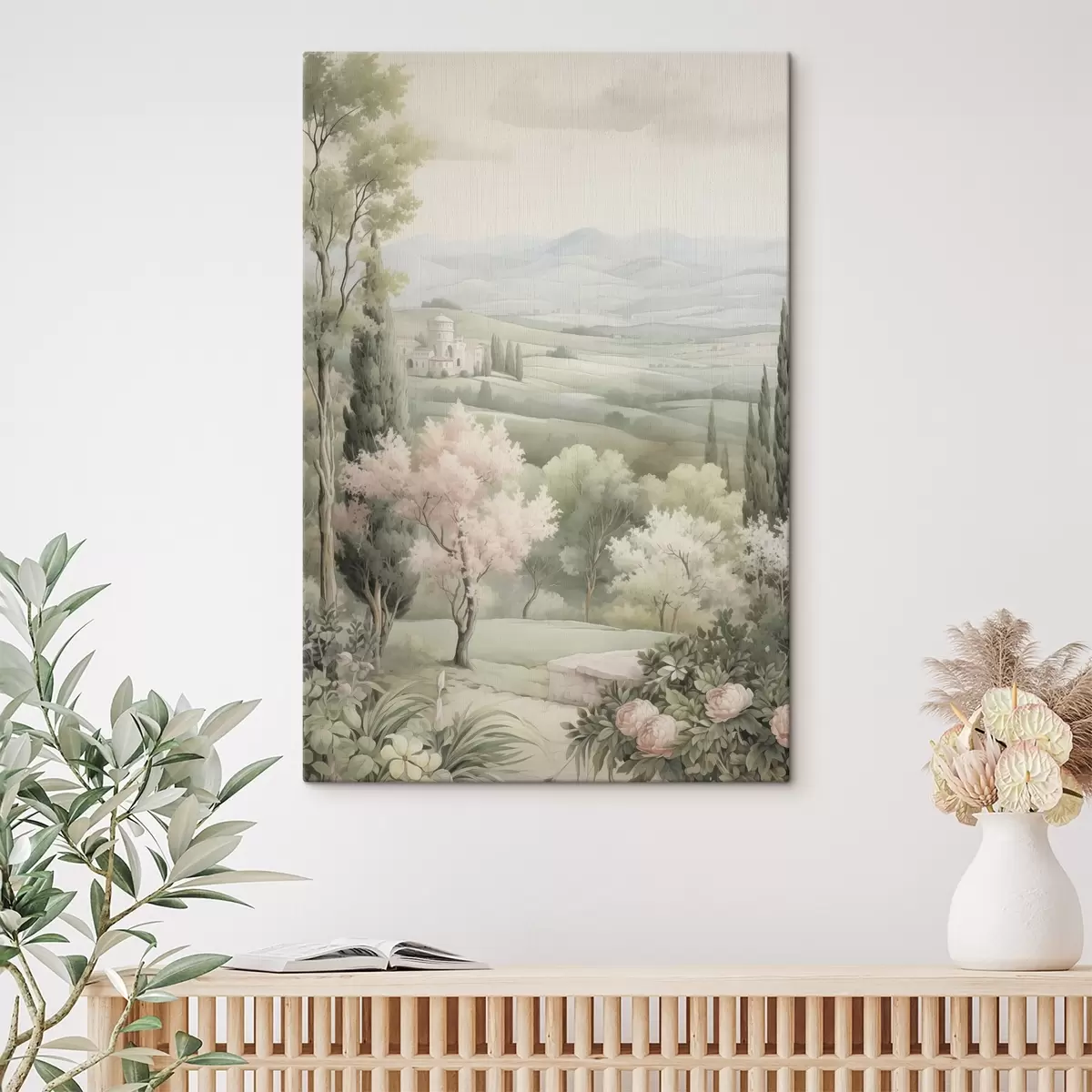  Schilderijen Aquarel natuur, zachte kleuren, rozen, bomen, groene heuvels s41223