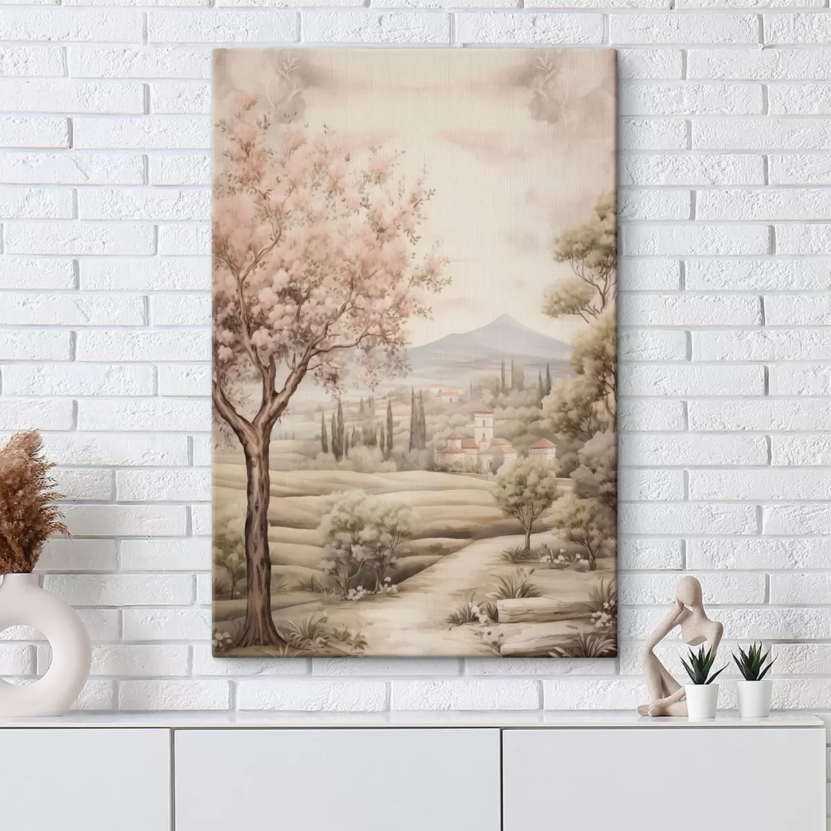  Schilderijen Aquarel heuvels, bloesem kersenboom, kasteel, rustieke stijl s41225