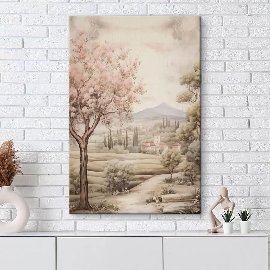  Schilderijen Aquarel heuvels, bloesem kersenboom, kasteel, rustieke stijl s41225