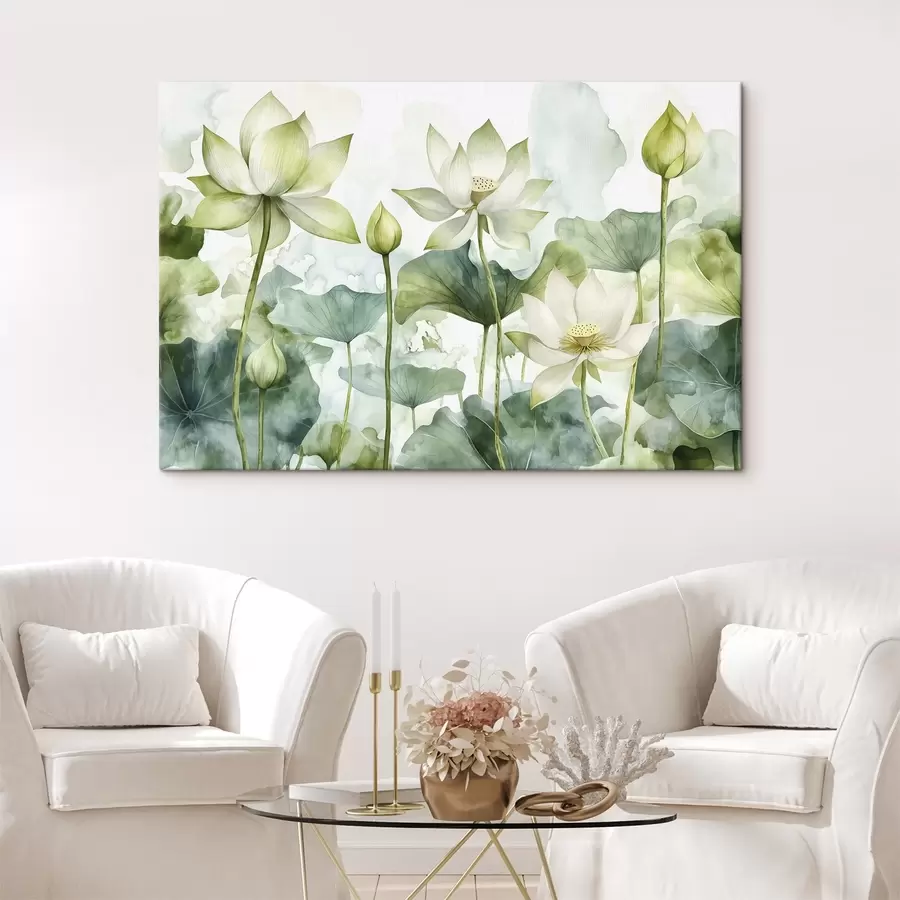 Papier peint photo Lotus aquarelle, verdure luxuriante s41226