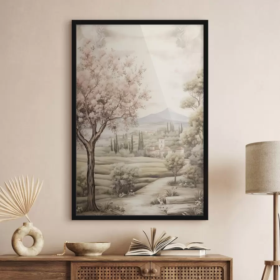 Fotobehang Aquarel heuvels, bloesem kersenboom, kasteel, rustieke stijl f41225