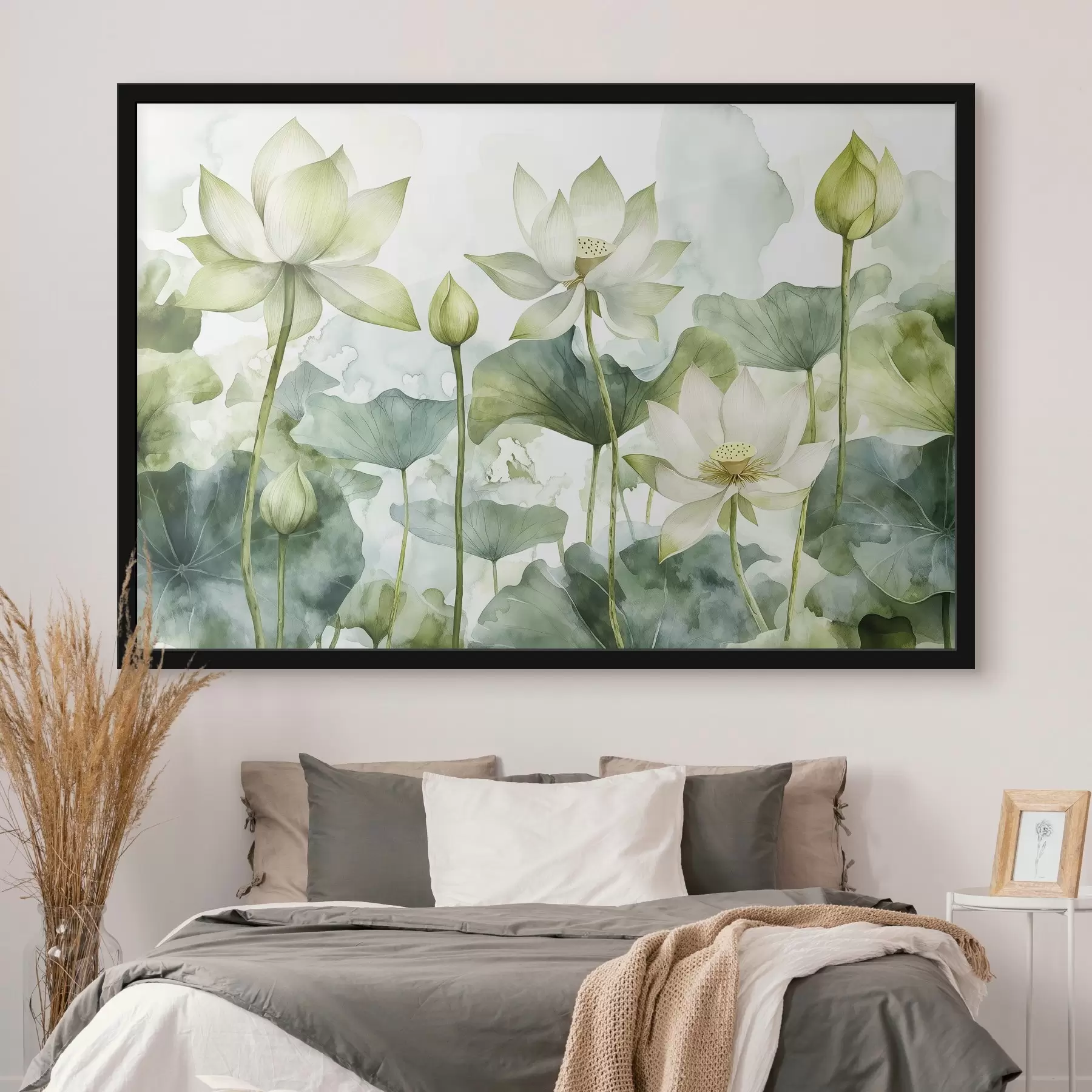 Papier peint photo Lotus aquarelle, verdure luxuriante f41226