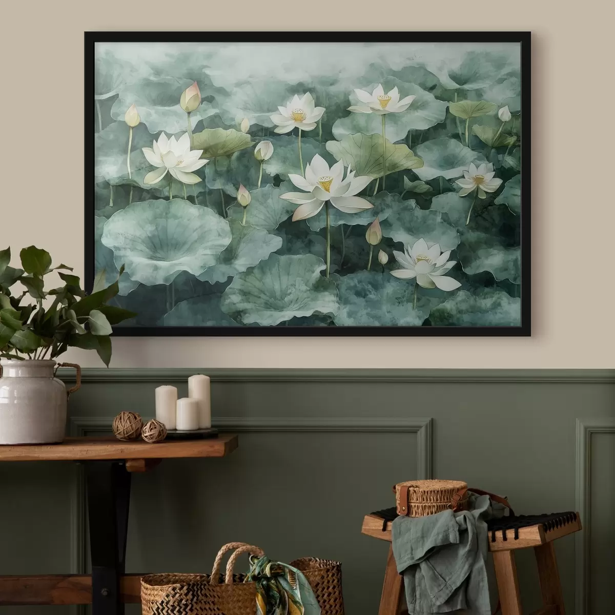 Poster Lotussen in de vijver, aquarel, groen f41228