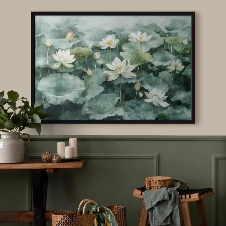 Fotobehang Lotussen in de vijver, aquarel, groen f41228