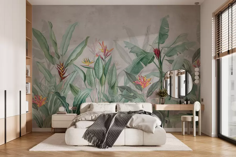 Fotobehang Tropische bladeren en bloemen op een lichte achtergrond w01834v1