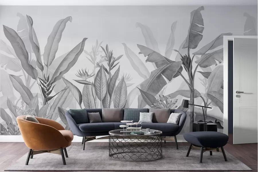 Fotobehang Zwart-witte tropische bladeren en bloemen op een lichte achtergrond w01834v3