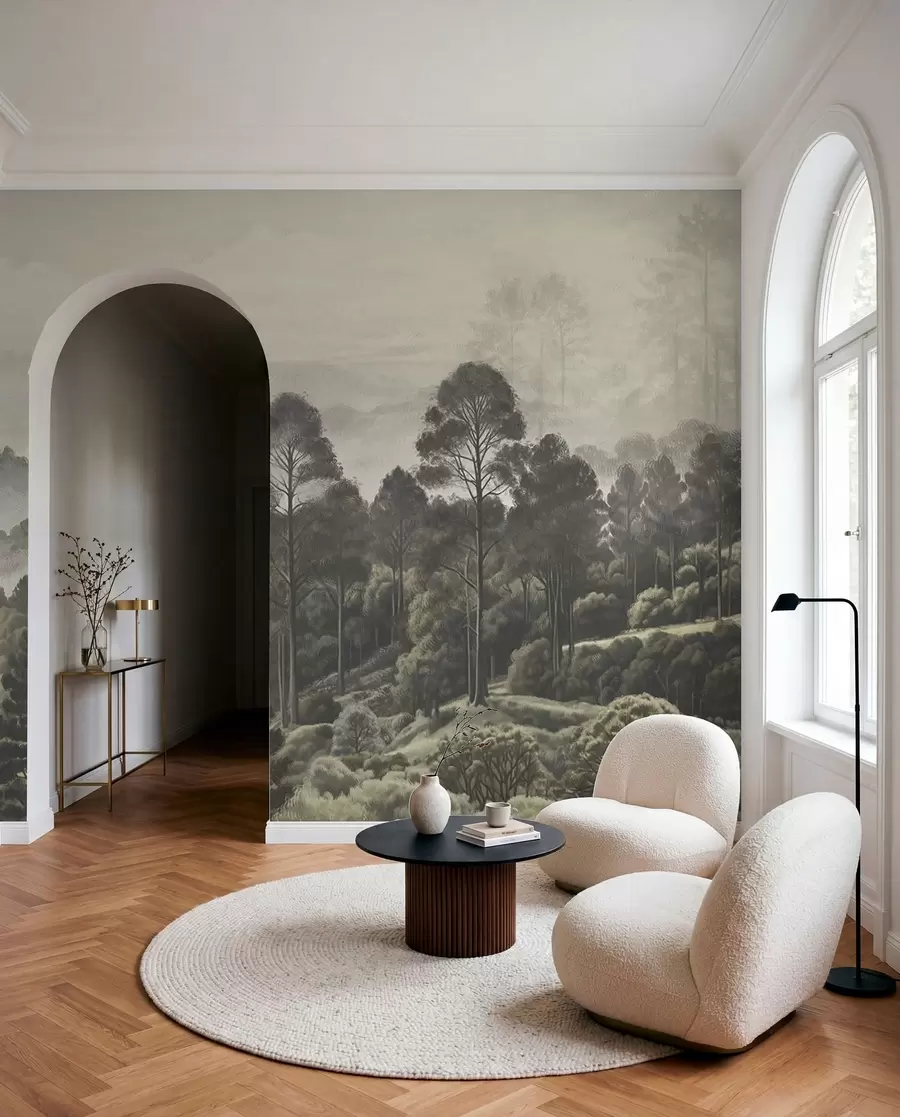 Fotobehang Dicht bos en mistige vallei w01871