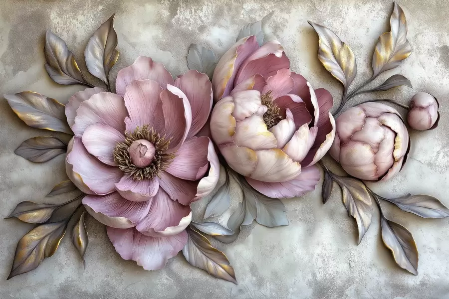 Fotobehang Florale paarse pioenrozen met bladeren en bloemblaadjes in gedempte pastelkleuren, vintage stijl w01825