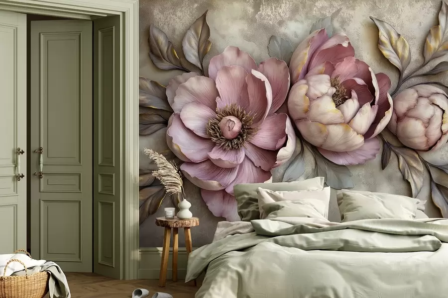 Fotobehang Florale paarse pioenrozen met bladeren en bloemblaadjes in gedempte pastelkleuren, vintage stijl w01825