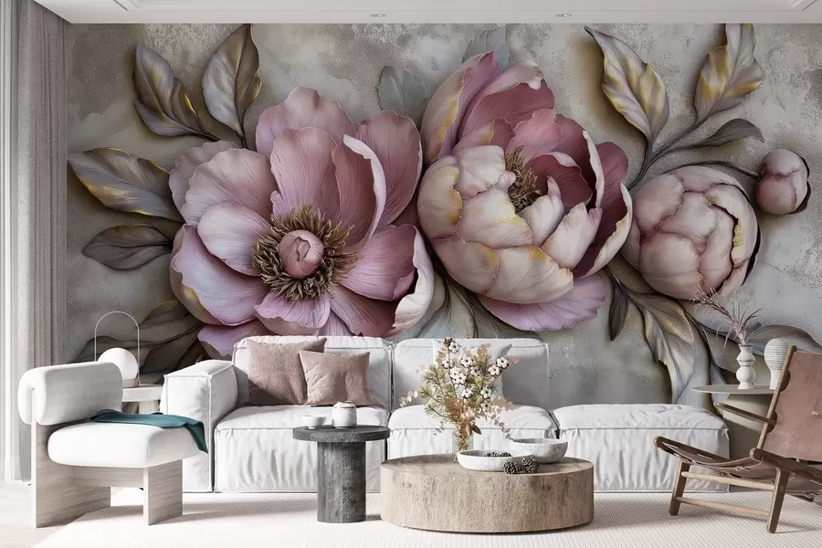 Fotobehang Florale paarse pioenrozen met bladeren en bloemblaadjes in gedempte pastelkleuren, vintage stijl w01825