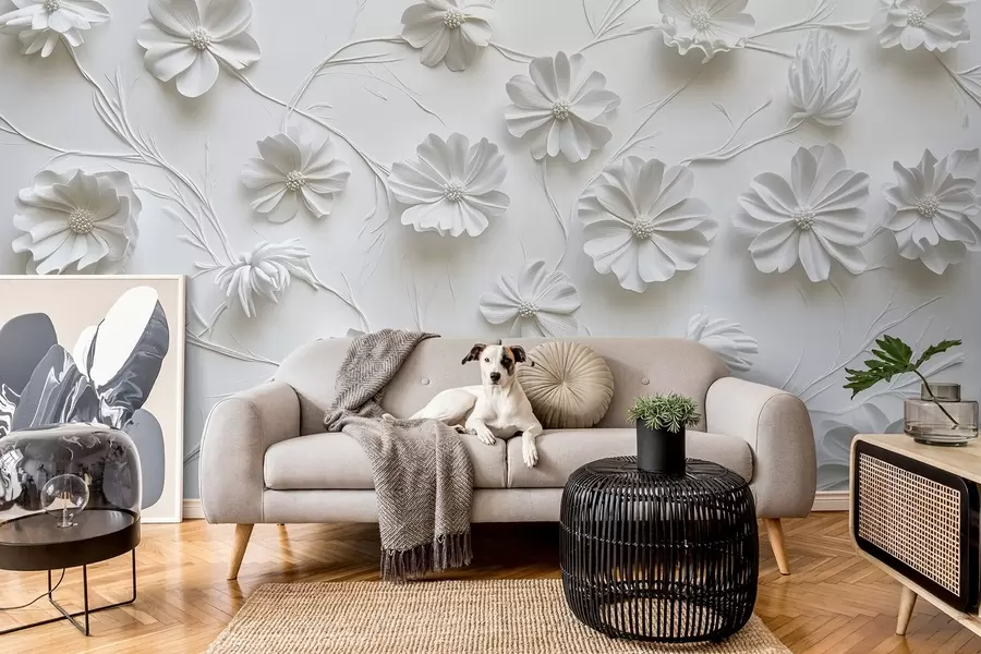 Fotobehang Witte reliëf compositie van bloemen in een minimalistische en verfijnde stijl w01828