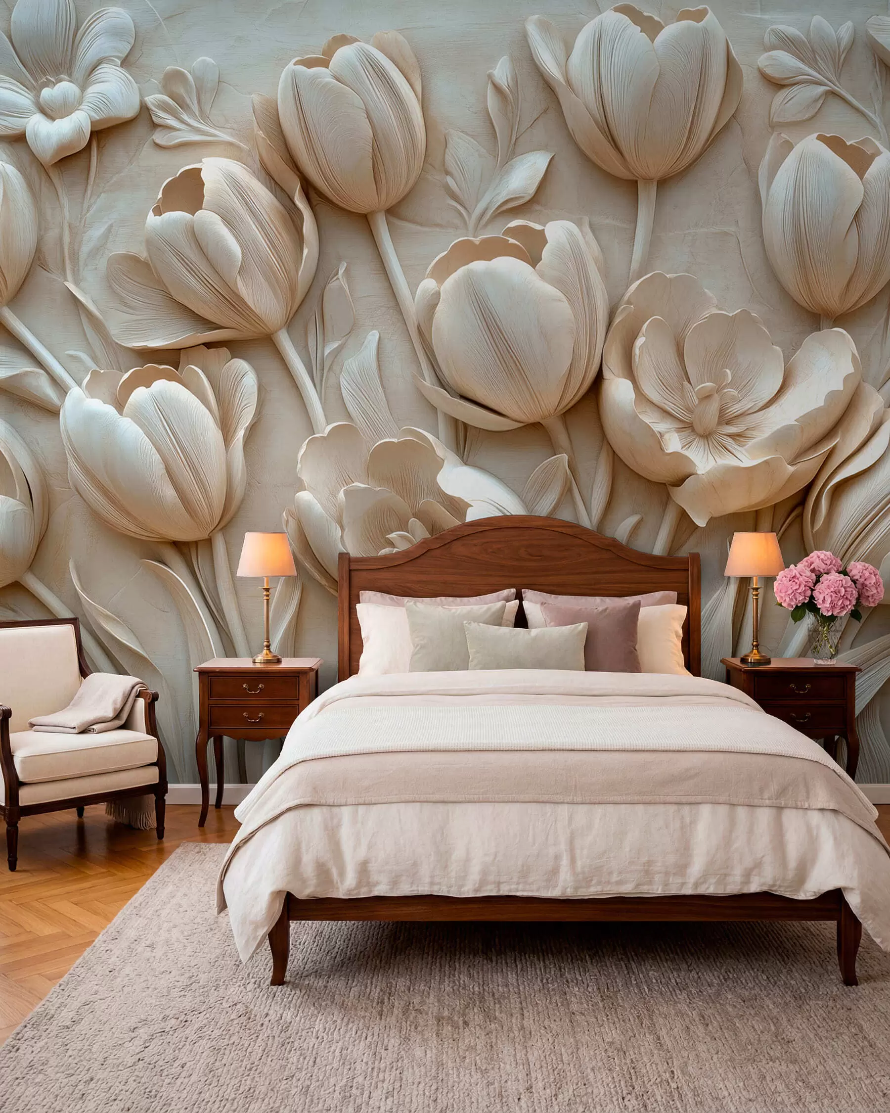 Papier peint photo art floral en 3D avec de gracieuses tulipes de couleur beige w01851