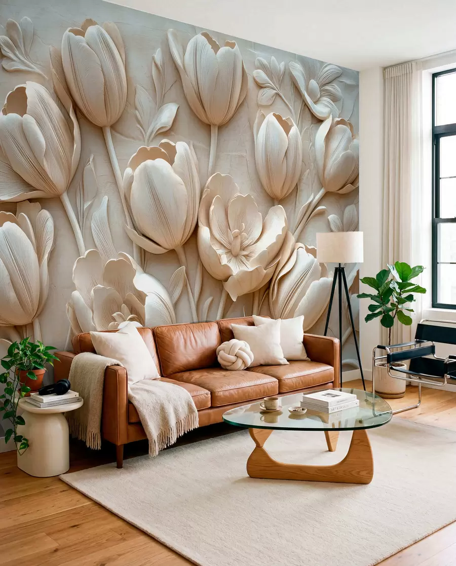 Fotobehang 3D bloemsierkunst met sierlijke tulpen in beige kleur w01851