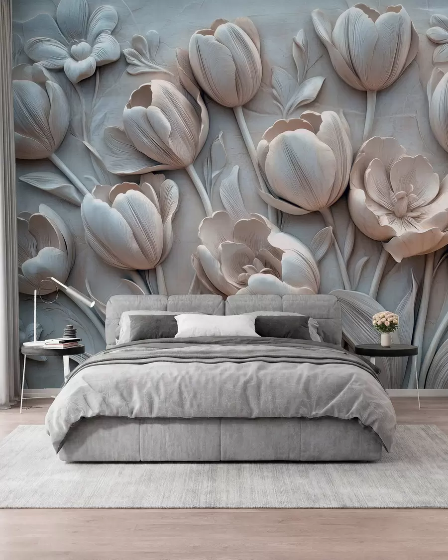 Fotobehang 3D bloemsierkunst met sierlijke tulpen in grijze kleur w01851v1