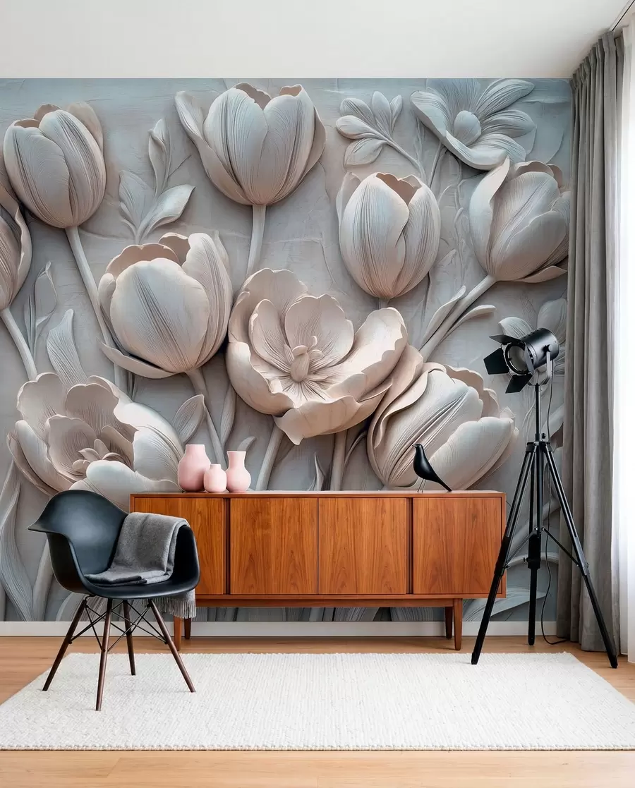 Fotobehang 3D bloemsierkunst met sierlijke tulpen in grijze kleur w01851v1