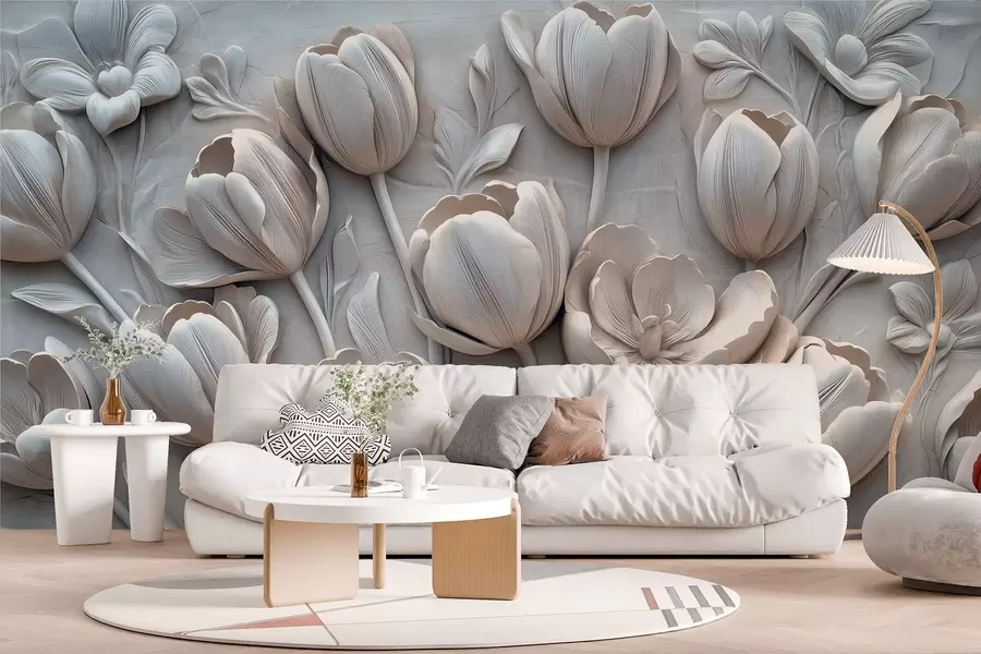 Fotobehang 3D bloemsierkunst met sierlijke tulpen in grijze kleur w01851v1