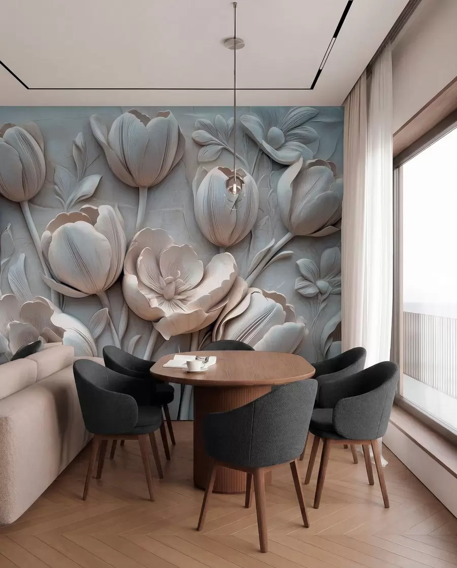 Papier peint photo art floral en 3D avec de gracieuses tulipes de couleur grise w01851v1