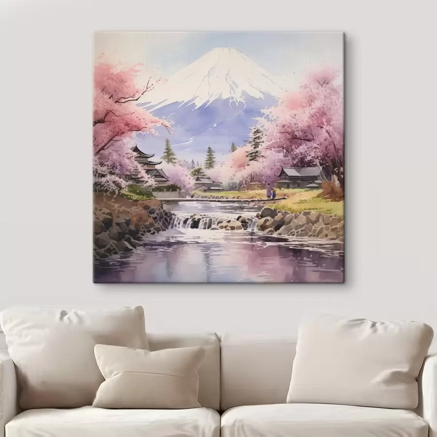  Schilderijen Kersenbloesems bij de rivier van de berg Fuji s38948