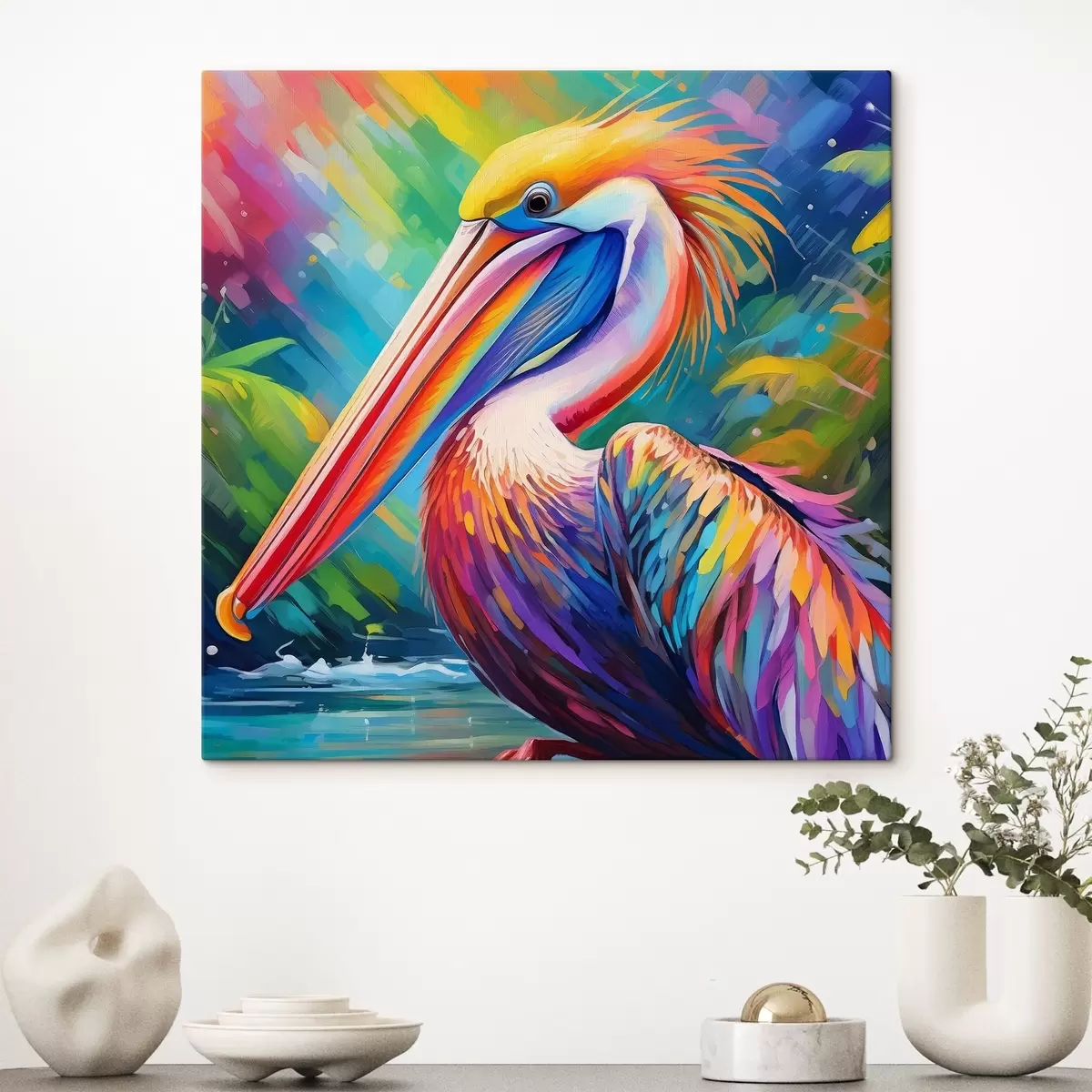  Schilderijen Levendige pelikaan tegen kleurrijke achtergrond s39054