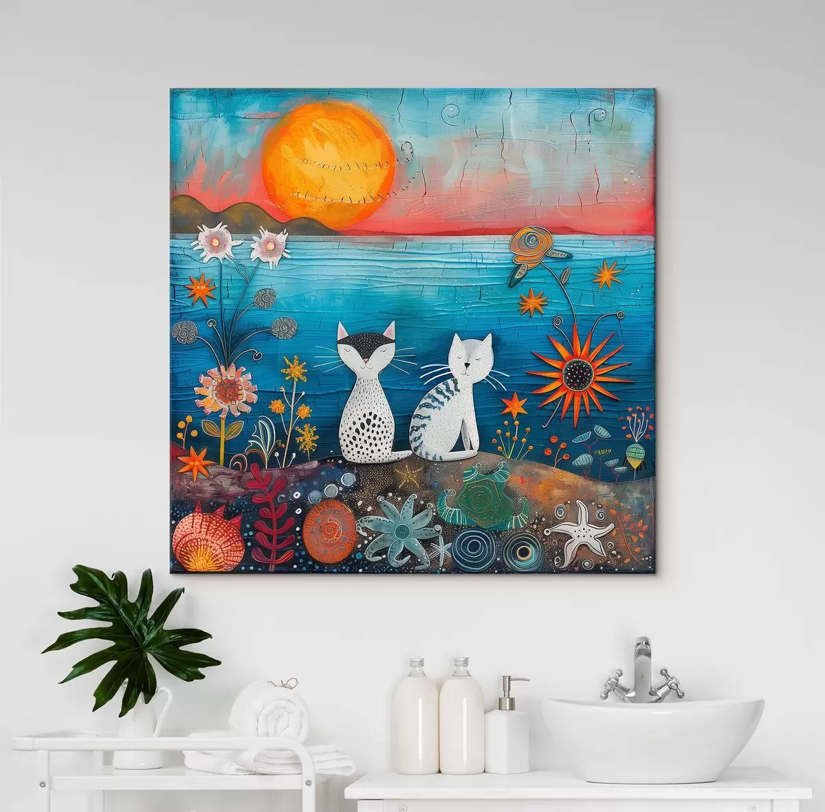  Schilderijen Katten bij zonsondergang, kleurrijke bloemen s39085