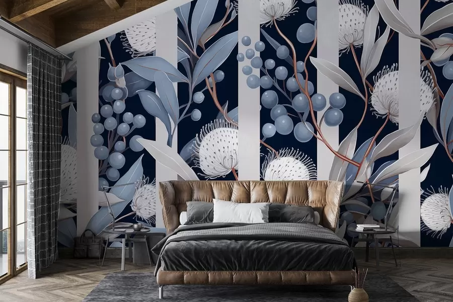 Fotobehang Bloemen ornament met wilde bessen, vintage, blauwe en grijze kleuren w01886