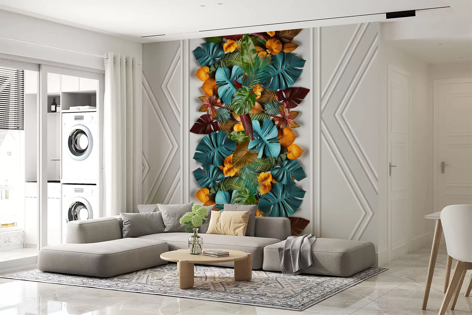 Fotobehang 3D behang met kleurrijke tropische bladeren en geometrie op een grijze achtergrond w01876