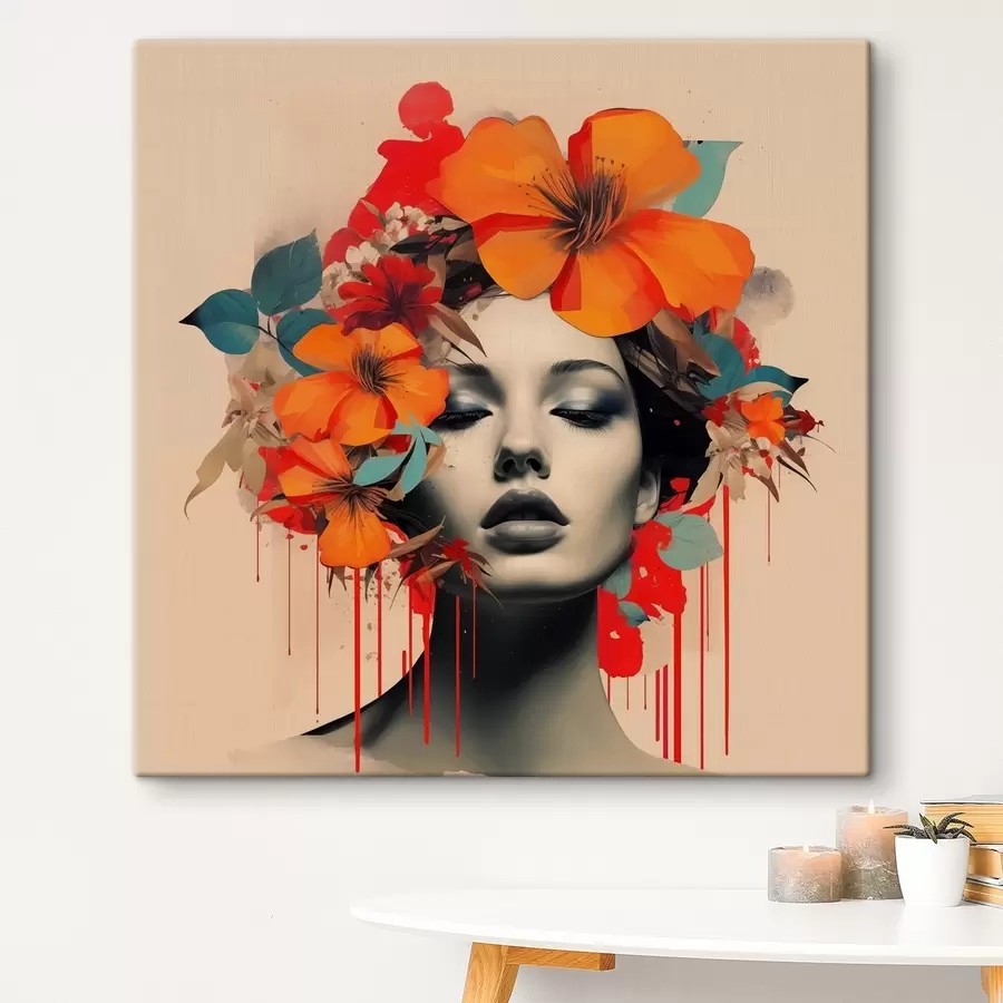  Peintures Portrait d'une jeune fille en collage avec des fleurs s41271