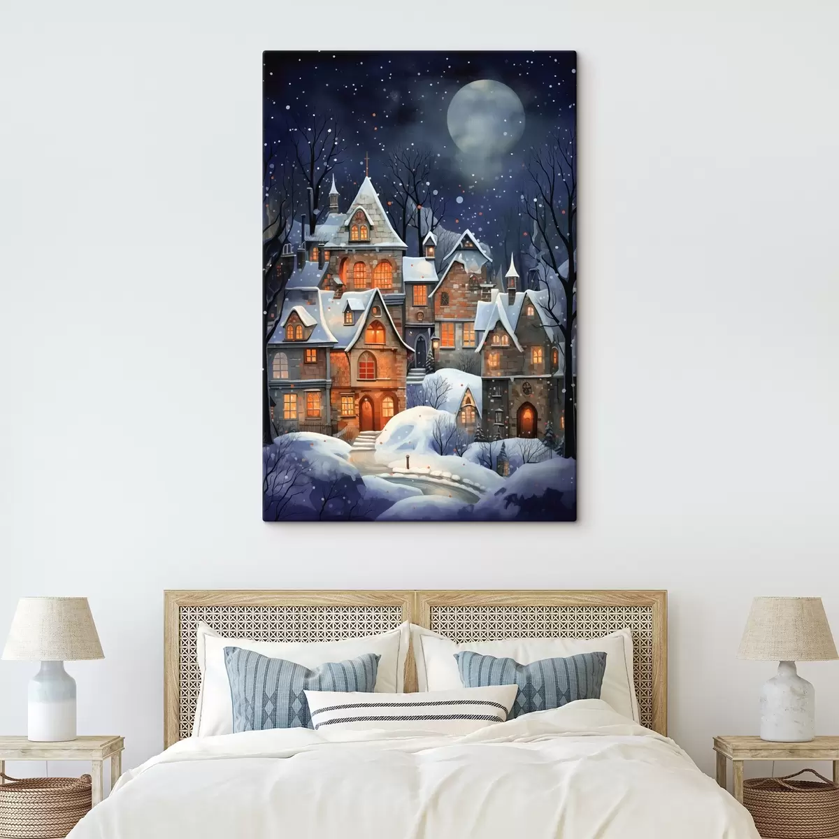  Peintures Maisons dans la neige sur fond de ciel étoilé s41276