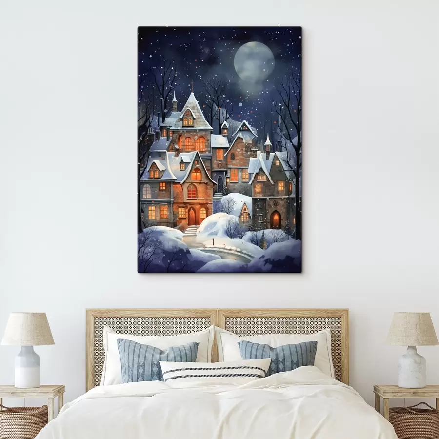  Peintures Maisons dans la neige sur fond de ciel étoilé s41276