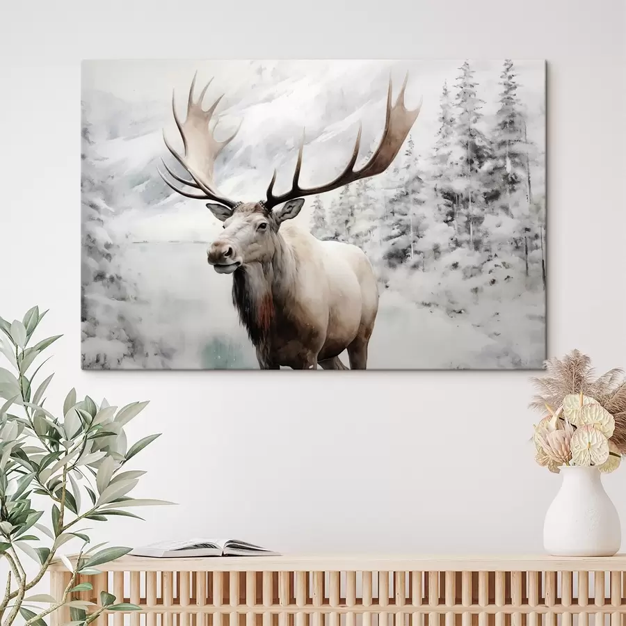  Schilderijen Eland tegen de achtergrond van een winterbos in de sneeuw aquarel s41284