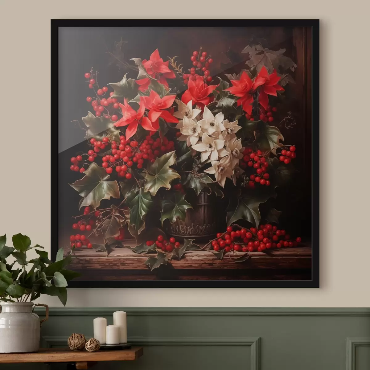 Affiche Bouquet de houx et de fleurs de Noël sur fond sombre f41272