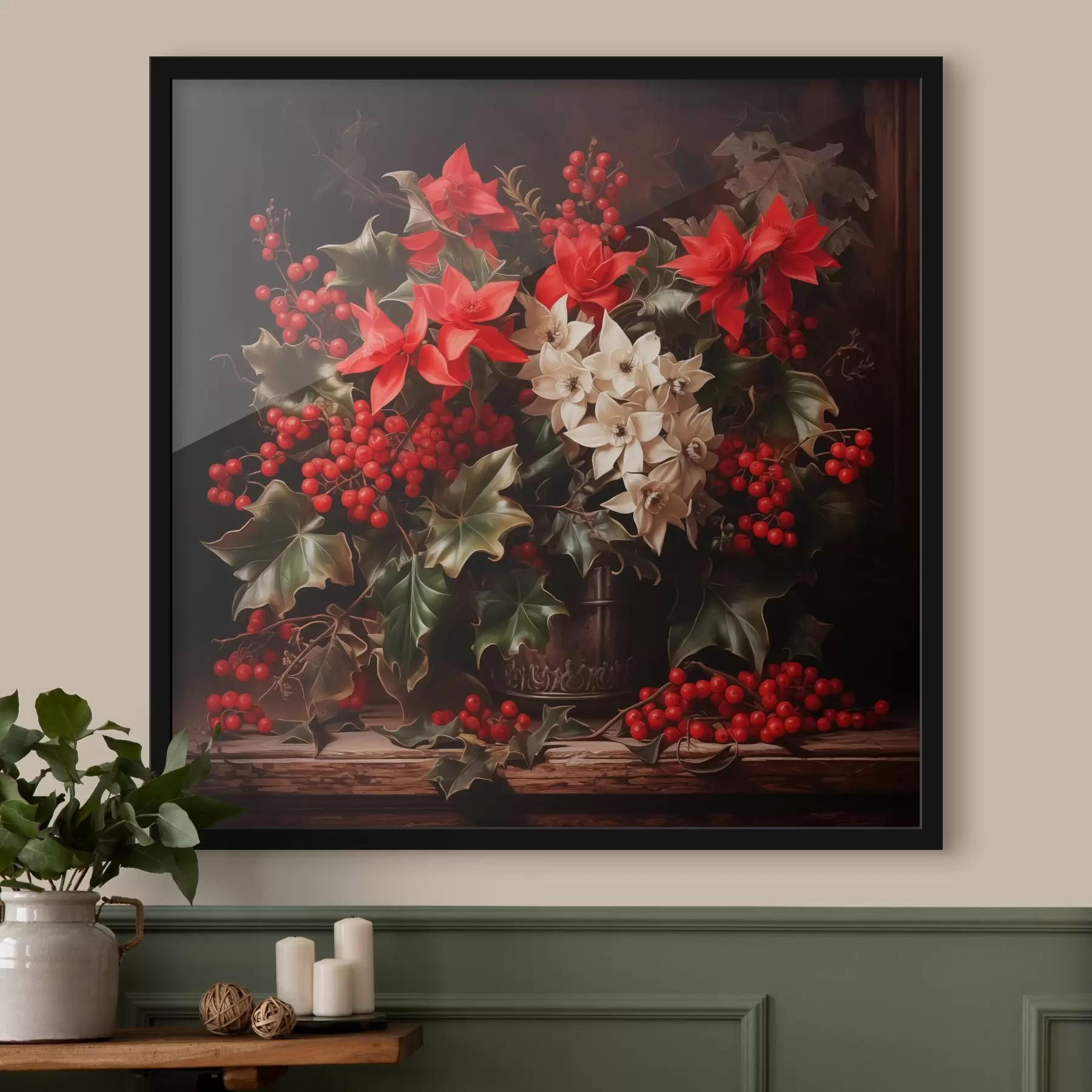 Fotobehang Boeket met hulst en kerstbloem op donkere achtergrond f41272