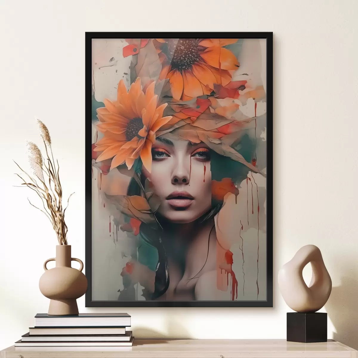 Poster Kunst collage portret van een meisje met bloemen f41274
