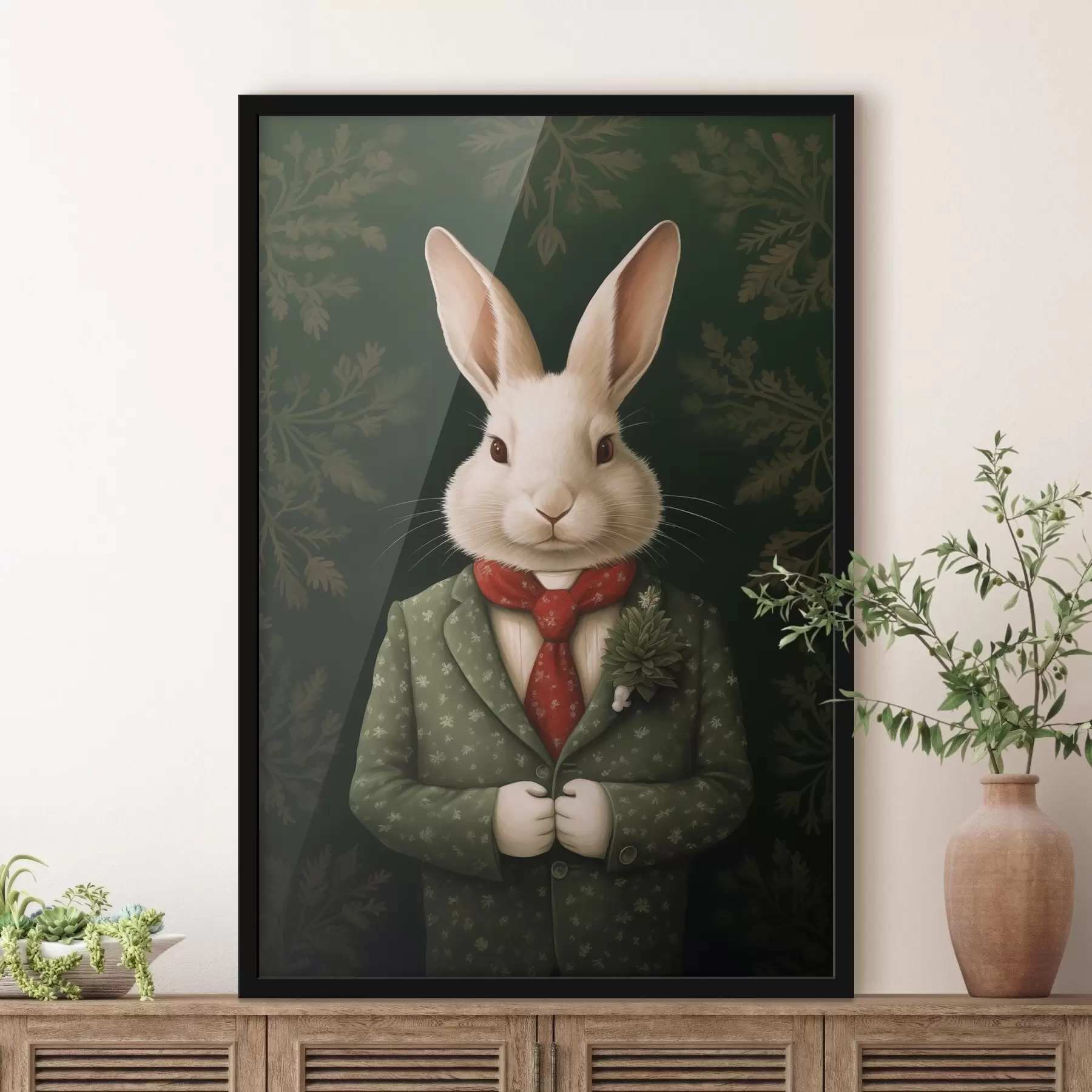  Schilderijen Witte haas in een groen pak en rode stropdas illustratie f41278