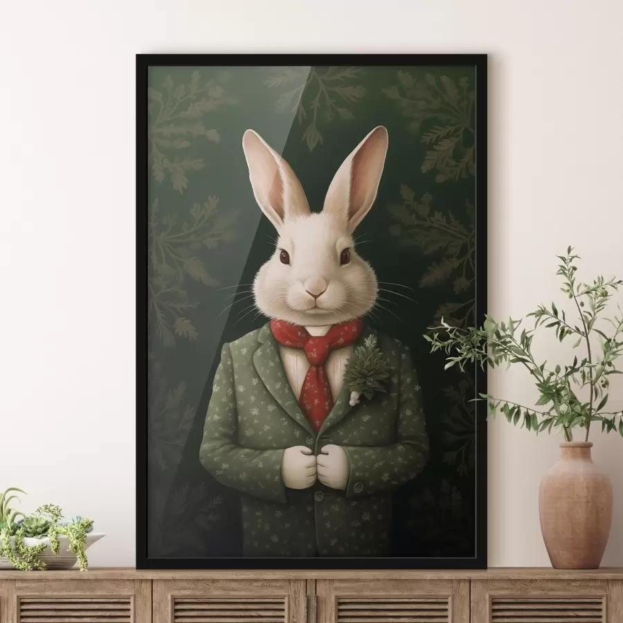 Papier peint photo Illustration d'un lièvre blanc en costume vert et cravate rouge f41278