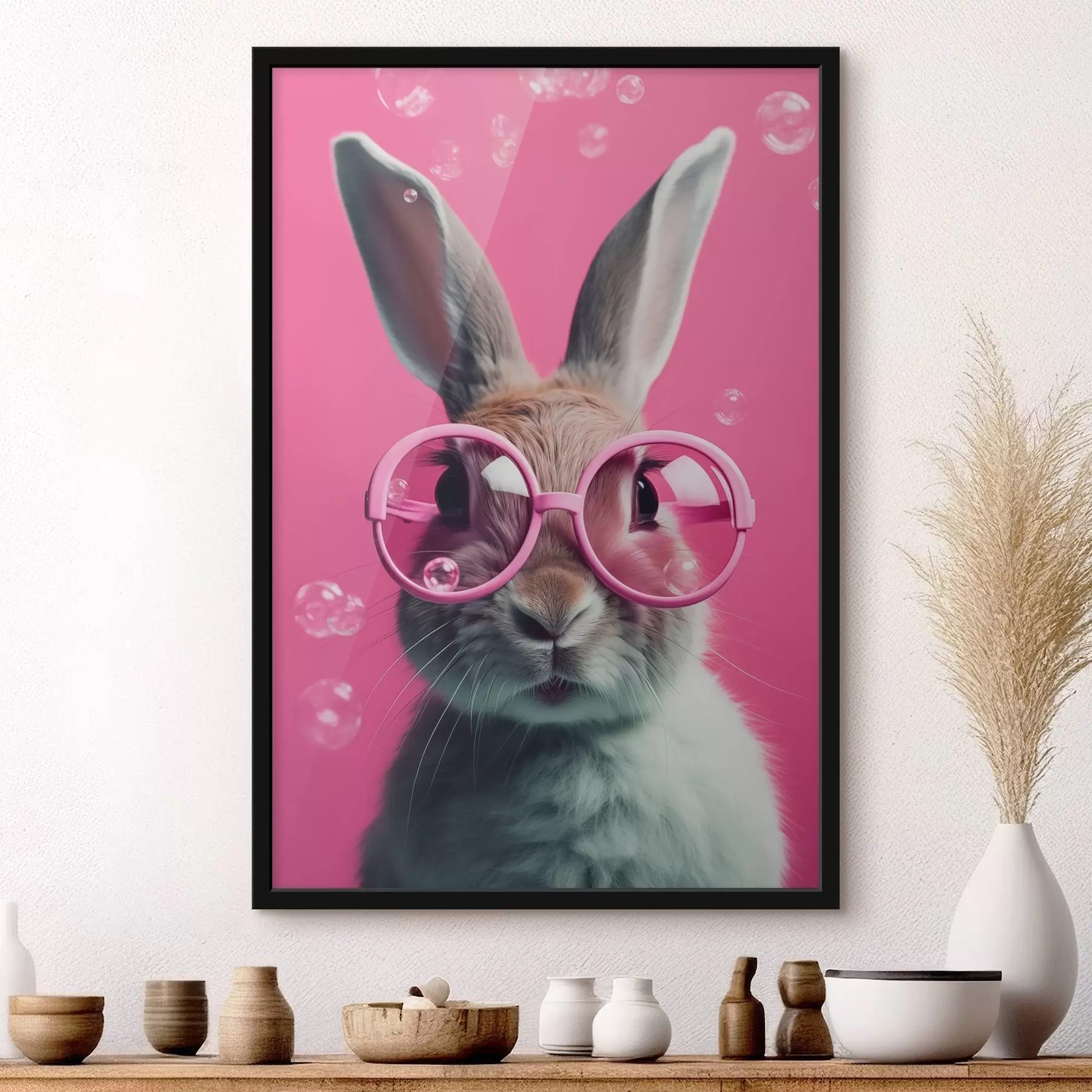 Peintures Lapin avec des lunettes roses sur fond rose f41280