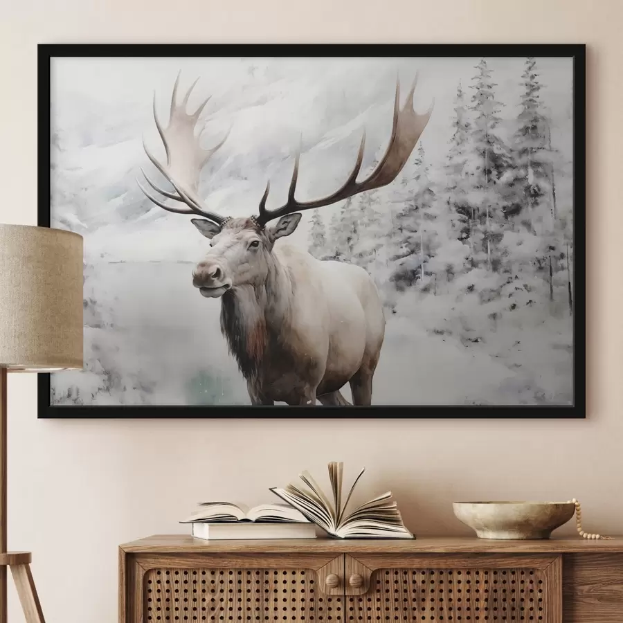 Fotobehang Eland tegen de achtergrond van een winterbos in de sneeuw aquarel f41284