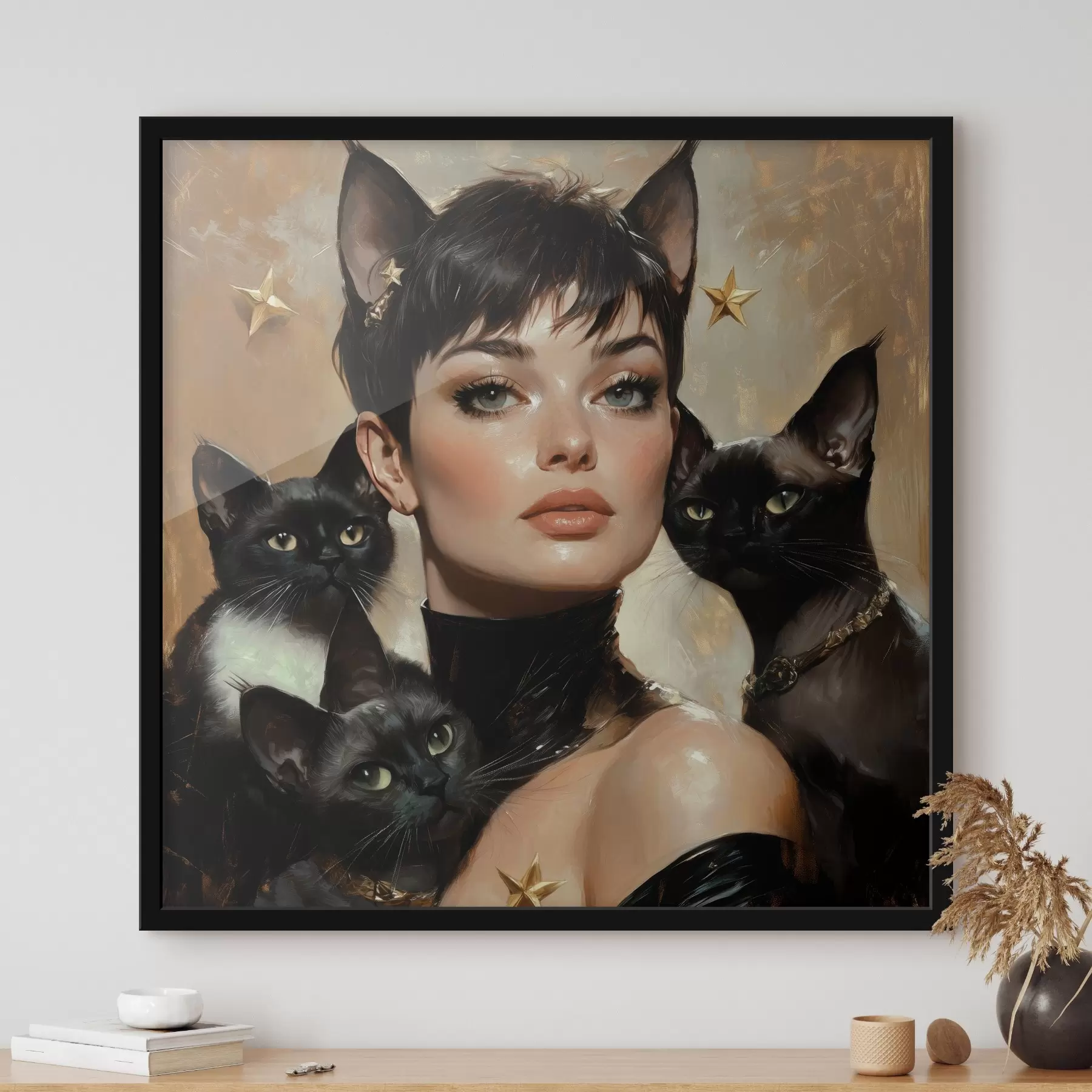 Fotobehang Kattenmeisje met zwarte katten f41344