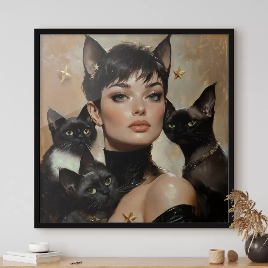 Fotobehang Kattenmeisje met zwarte katten f41344