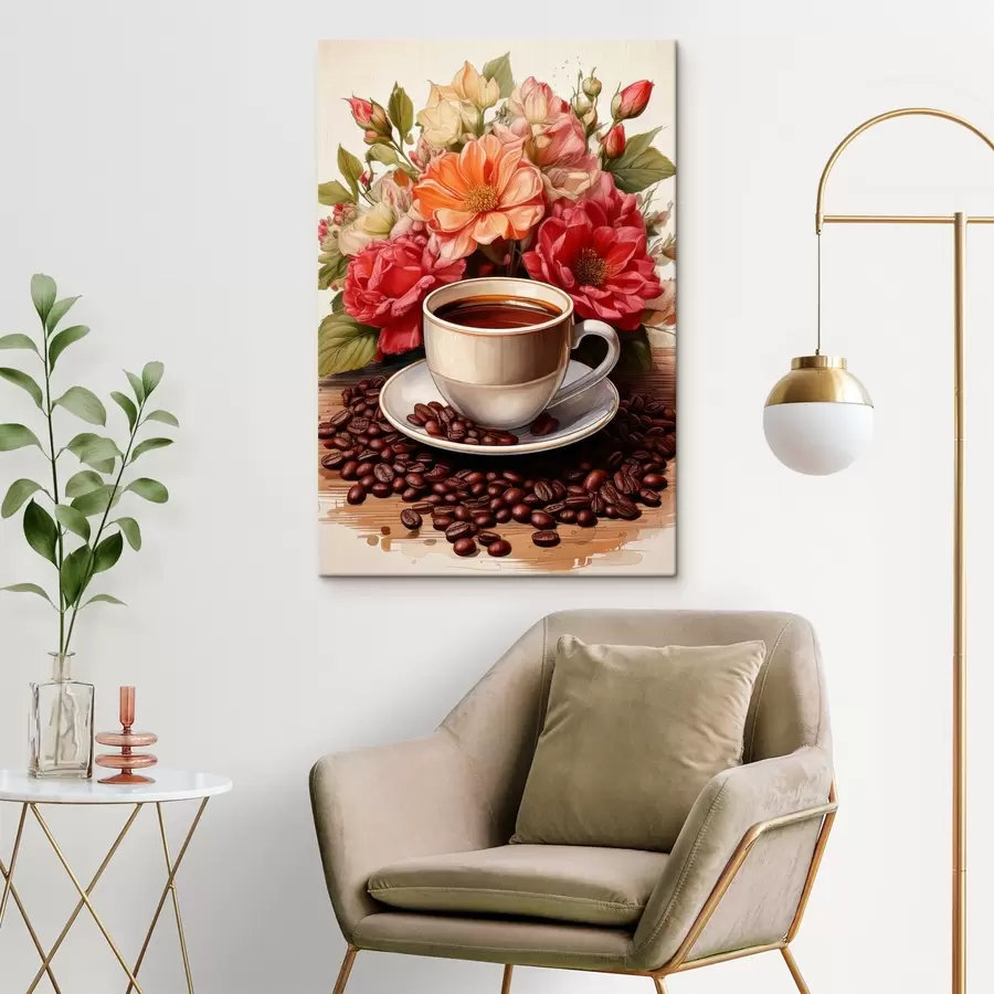  Peintures une tasse de café et un bouquet de fleurs s41411