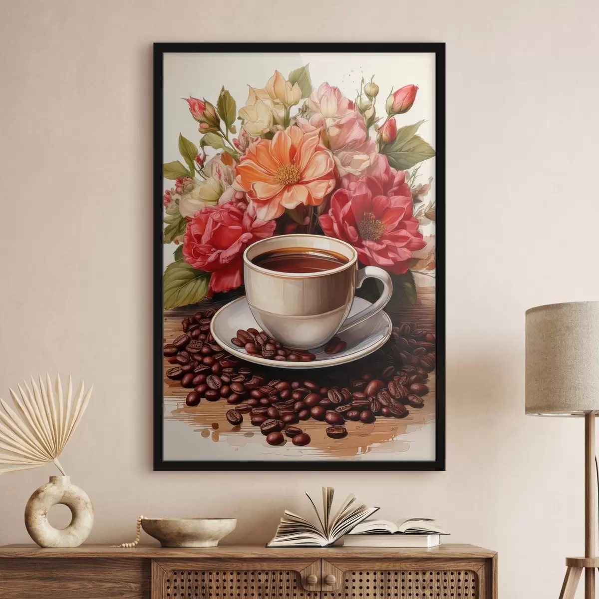 Affiche une tasse de café et un bouquet de fleurs f41411